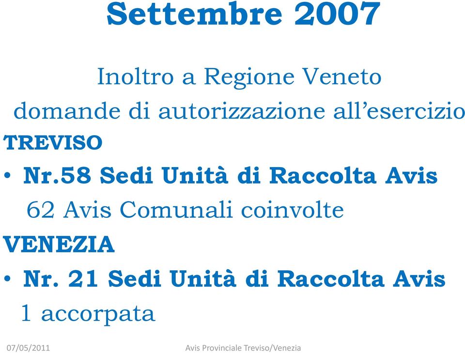 58 Sedi Unità di Raccolta Avis 62 Avis Comunali