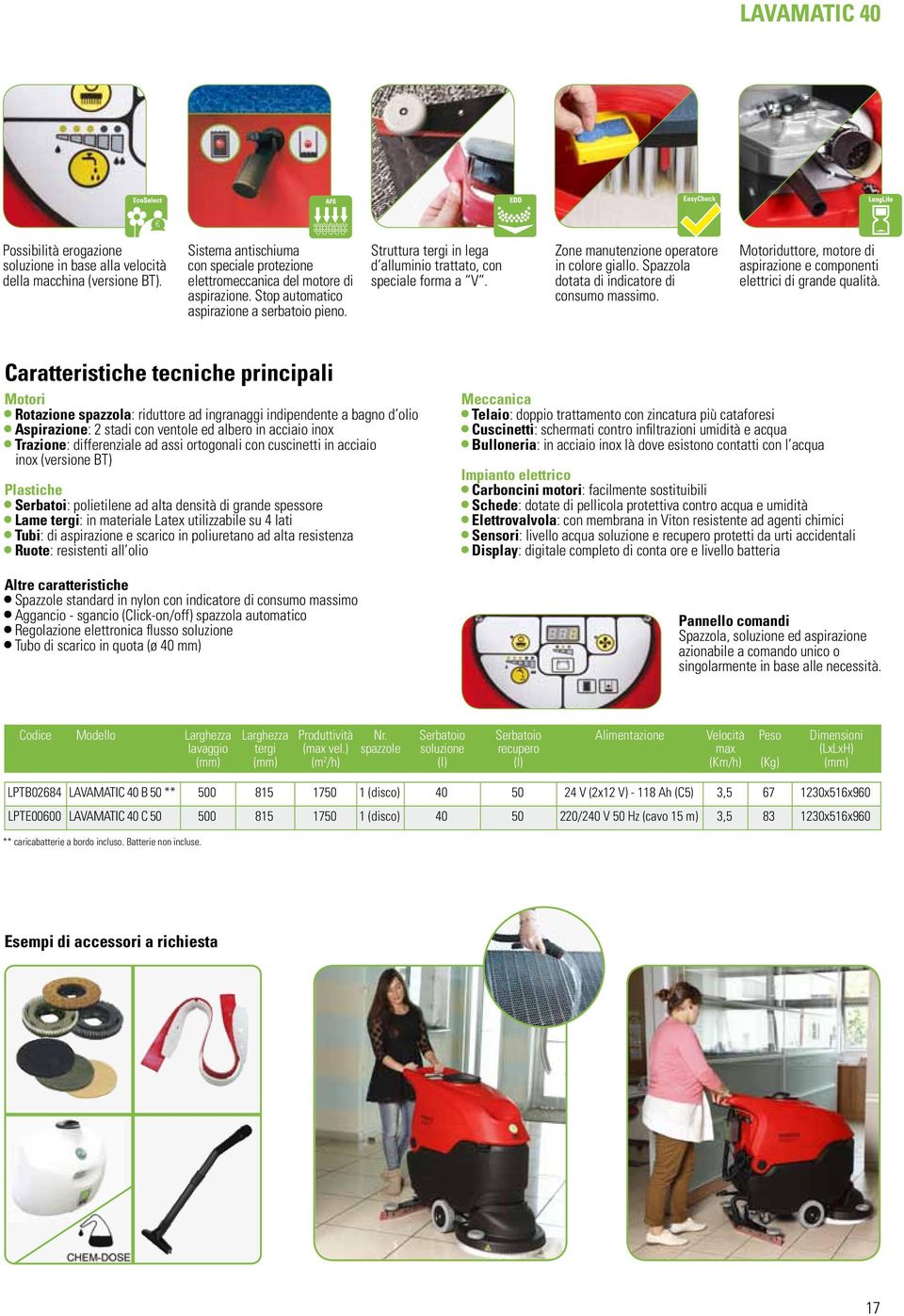 Spazzola dotata di indicatore di consumo massimo. Motoriduttore, motore di aspirazione e componenti elettrici di grande qualità.