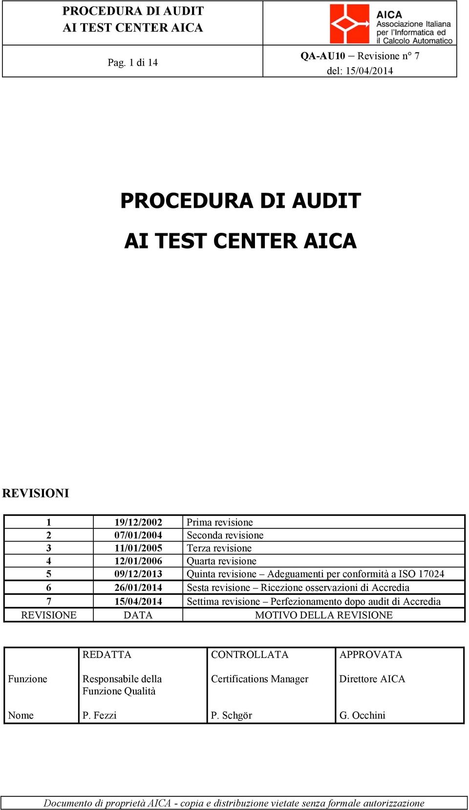 osservazioni di Accredia 7 15/04/2014 Settima revisione Perfezionamento dopo audit di Accredia REVISIONE DATA MOTIVO DELLA REVISIONE