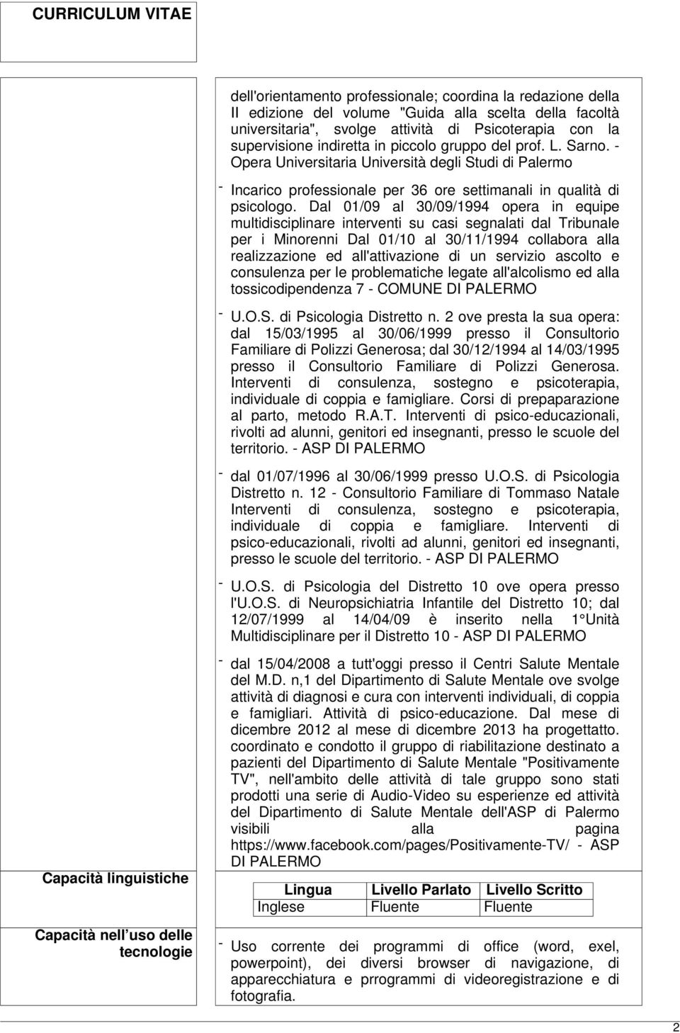 Dal 01/09 al 30/09/1994 opera in equipe multidisciplinare interventi su casi segnalati dal Tribunale per i Minorenni Dal 01/10 al 30/11/1994 collabora alla realizzazione ed all'attivazione di un