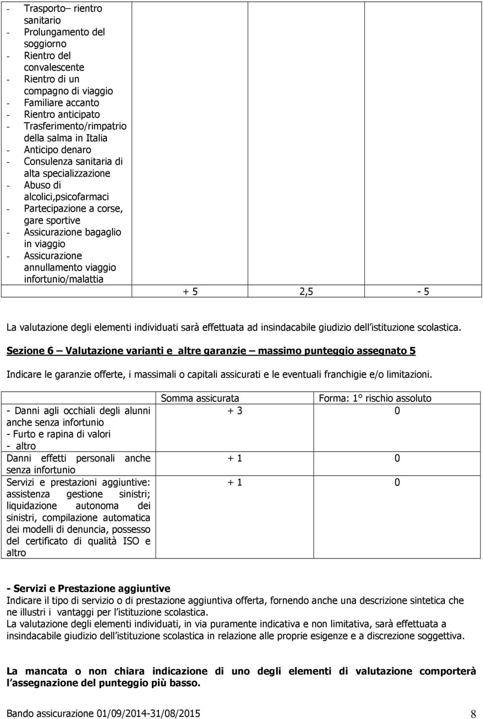 Assicurazione annullamento viaggio infortunio/malattia + 5 2,5-5 La valutazione degli elementi individuati sarà effettuata ad insindacabile giudizio dell istituzione scolastica.