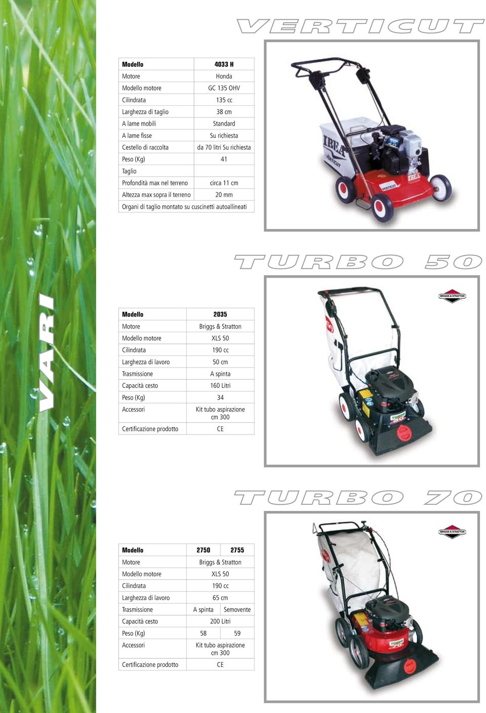 autoallineati VARI 2035 motore XLS 50 Cilindrata Larghezza di lavoro Capacità cesto 190 cc 50 cm A spinta 160 Litri Peso (Kg) 34 Accessori Kit tubo