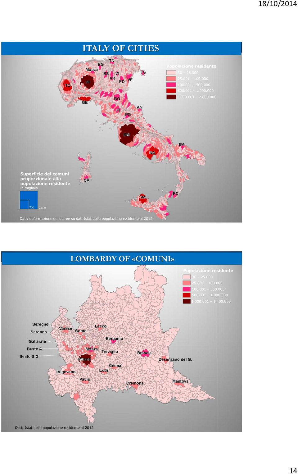 800 Dati: deformazione delle aree su dati Istat della popolazione residente al 2012 La Lombardia dei Comuni LOMBARDY OF «COMUNI» Popolazione residente 30 25.000 25.001 100.000 100.