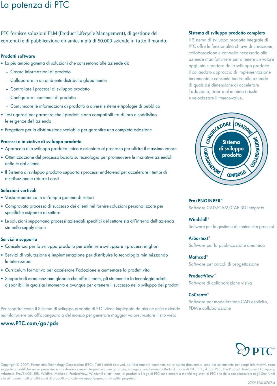 prodotto Configurare i contenuti di prodotto Sistema di sviluppo prodotto completo Il Sistema di sviluppo prodotto integrale di PTC offre le funzionalità chiave di creazione, collaborazione e