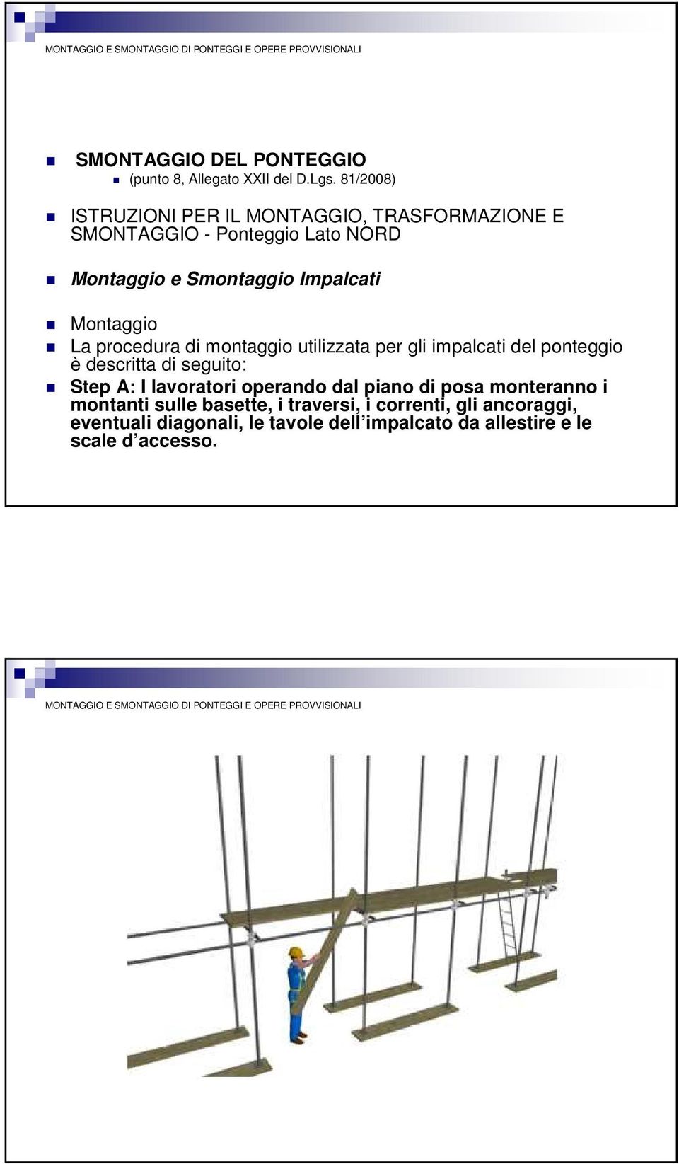 Montaggio La procedura di montaggio utilizzata per gli impalcati del ponteggio è descritta di seguito: Step A: I