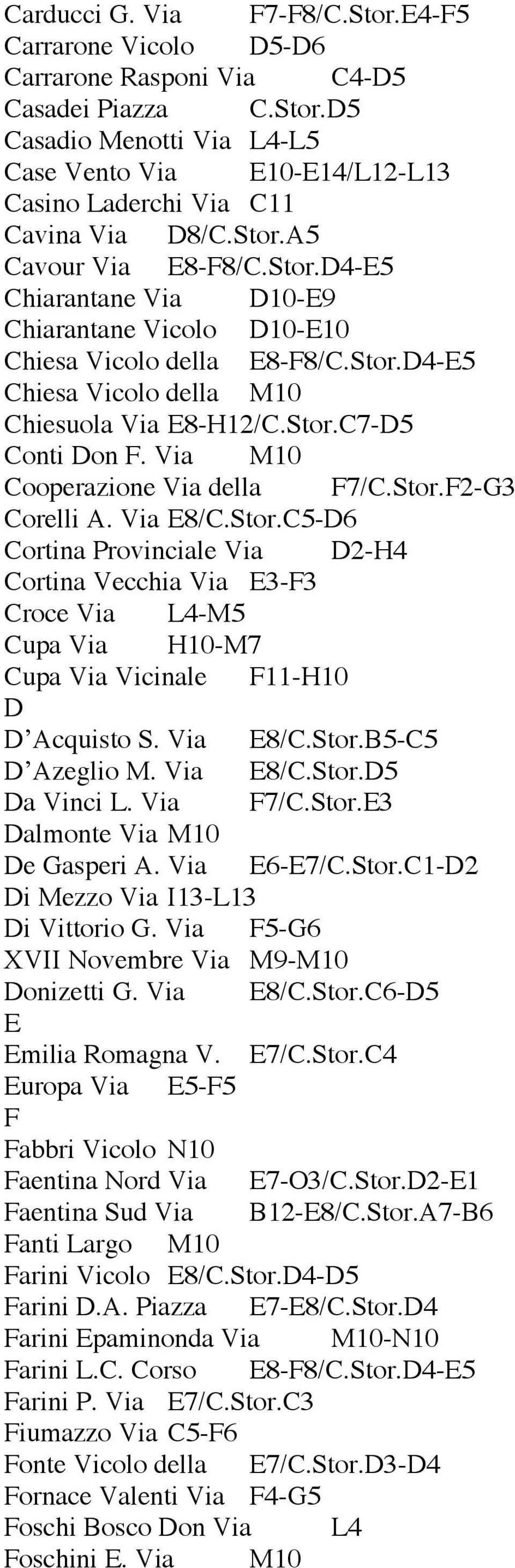 Via M10 Cooperazione Via della F7/C.Stor.F2-G3 Corelli A. Via E8/C.Stor.C5-D6 Cortina Provinciale Via D2-H4 Cortina Vecchia Via E3-F3 Croce Via L4-M5 Cupa Via H10-M7 Cupa Via Vicinale F11-H10 D D Acquisto S.