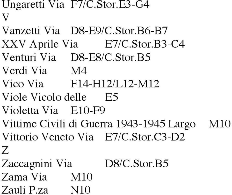 Vicolo delle E5 Violetta Via E10-F9 Vittime Civili di Guerra 1943-1945 Largo Vittorio