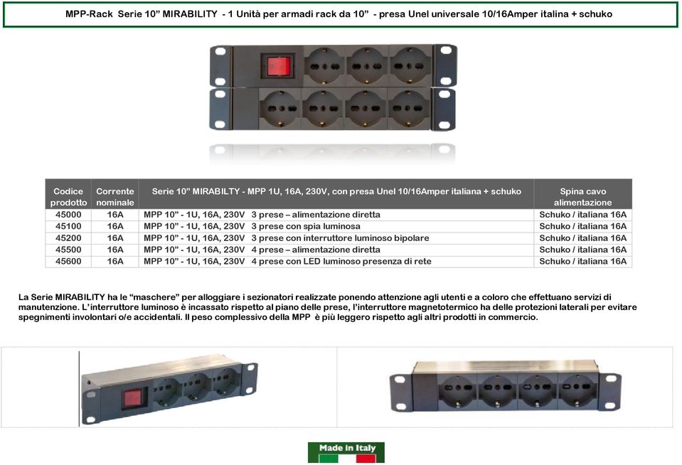 Schuko / italiana 16A 45200 16A MPP 10-1U, 16A, 230V 3 prese con interruttore luminoso bipolare Schuko / italiana 16A 45500 16A MPP 10-1U, 16A, 230V 4 prese alimentazione diretta Schuko / italiana