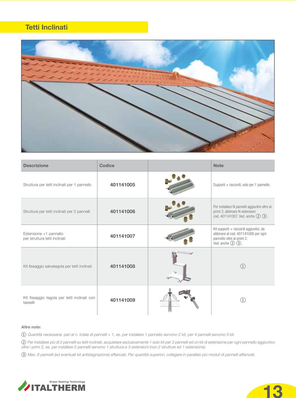 Estensione +1 pannello per struttura tetti inclinati 401141007 Kit supporti + raccordi aggiuntivi, da abbinare al cod. 401141006 per ogni pannello oltre ai primi. Ved. anche 3.