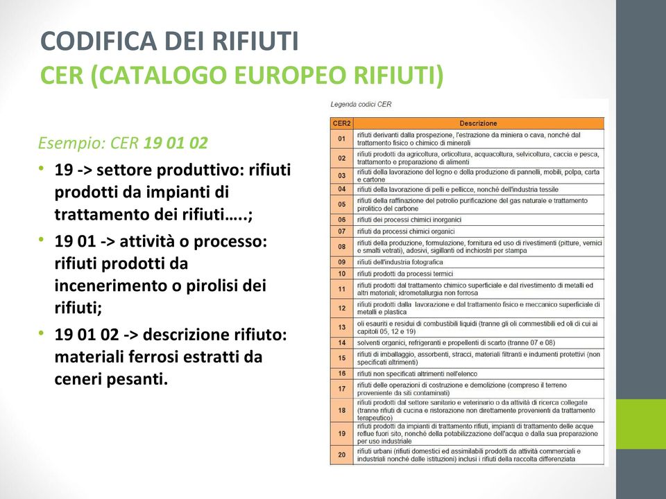 .; 19 01 -> attività o processo: rifiuti prodotti da incenerimento o pirolisi dei