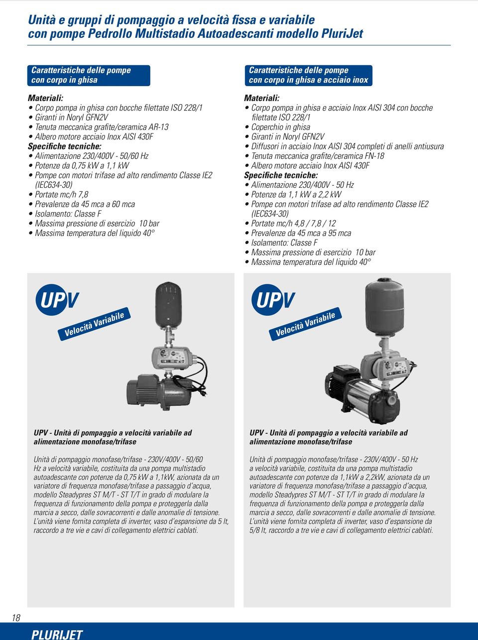 kw Pompe con motori trifase ad alto rendimento Classe IE2 (IEC634-30) Portate mc/h 7,8 Prevalenze da 45 mca a 60 mca Isolamento: Classe F Massima pressione di esercizio 10 bar Massima temperatura del