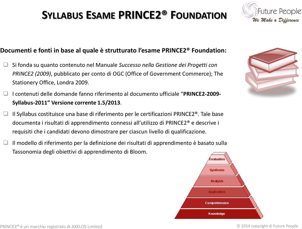 I contenuti delle domande fanno riferimento al documento ufficiale PRINCE2-2009- Syllabus-2011 Versione corrente 1.5/2013.