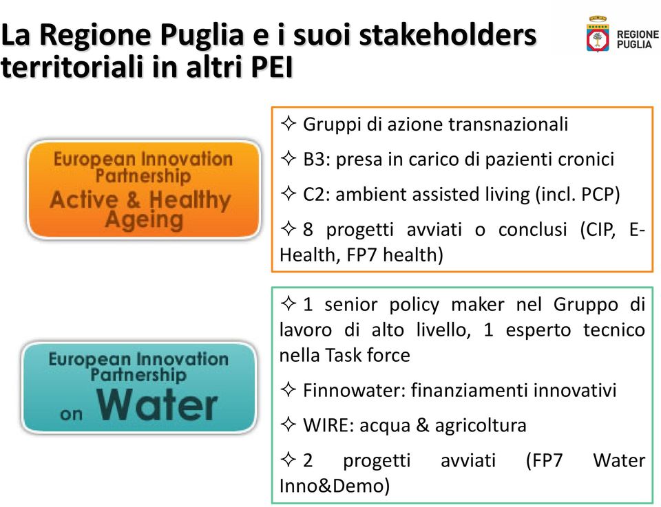 PCP) 8 progetti avviati o conclusi (CIP, E- Health, FP7 health) 1 senior policy maker nel Gruppo di lavoro