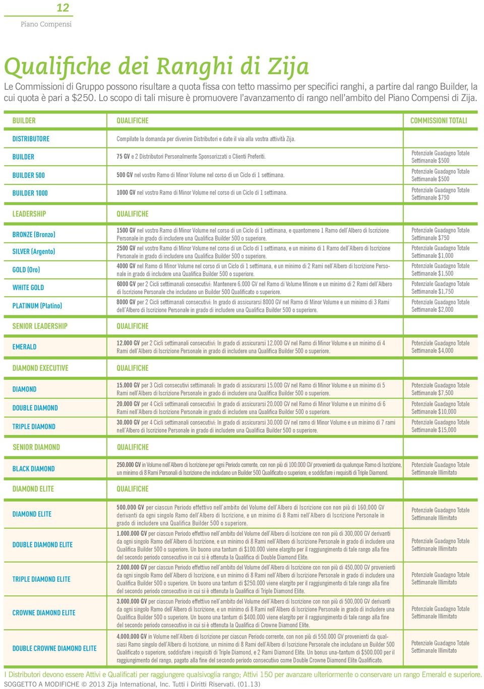 BUILDER DISTRIBUTORE BUILDER BUILDER 500 BUILDER 1000 LEADERSHIP BRONZE (Bronzo) SILVER (Argento) GOLD (Oro) WHITE GOLD PLATINUM (Platino) SENIOR LEADERSHIP EMERALD DIAMOND EXECUTIVE DIAMOND DOUBLE
