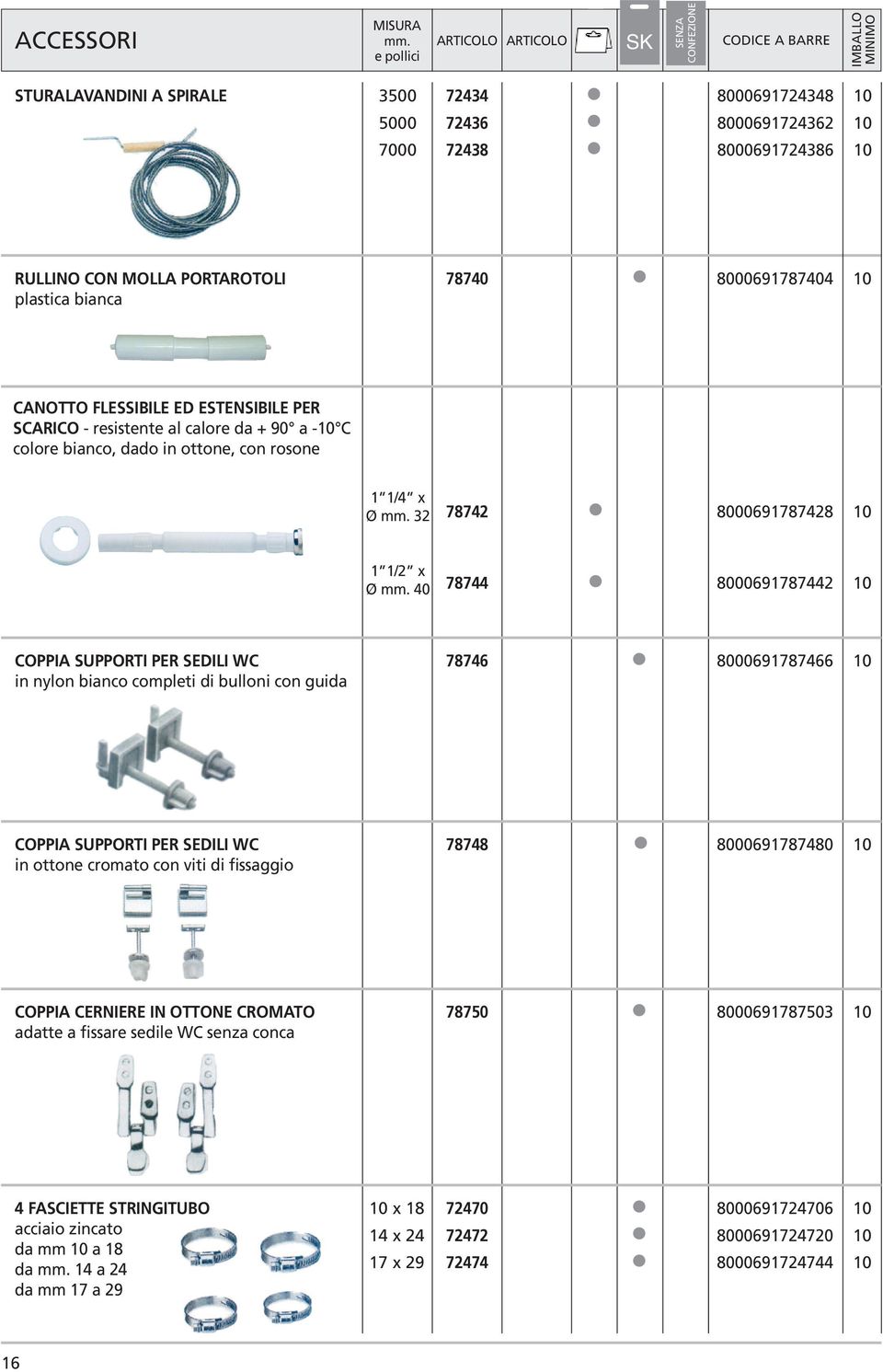 SUPPORTI PER SEDILI WC in nylon bianco completi di bulloni con guida 78746 8000691787466 COPPIA SUPPORTI PER SEDILI WC in ottone cromato con viti di fissaggio 78748 8000691787480 COPPIA CERNIERE IN