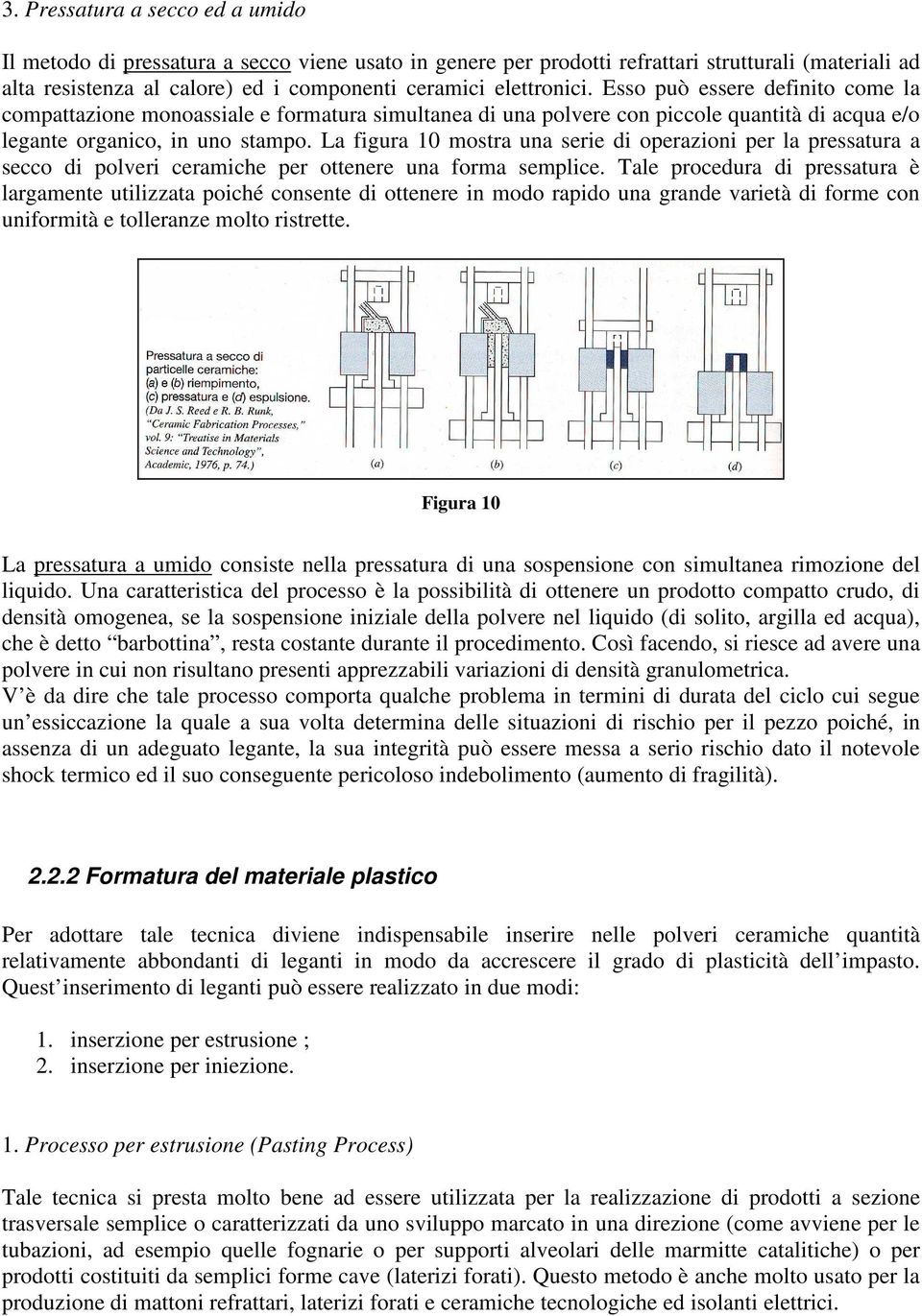 La figura 10 mostra una serie di operazioni per la pressatura a secco di polveri ceramiche per ottenere una forma semplice.