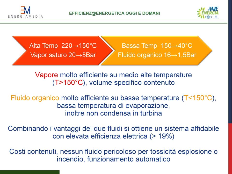 temperatura di evaporazione, inoltre non condensa in turbina Combinando i vantaggi dei due fluidi si ottiene un sistema affidabile