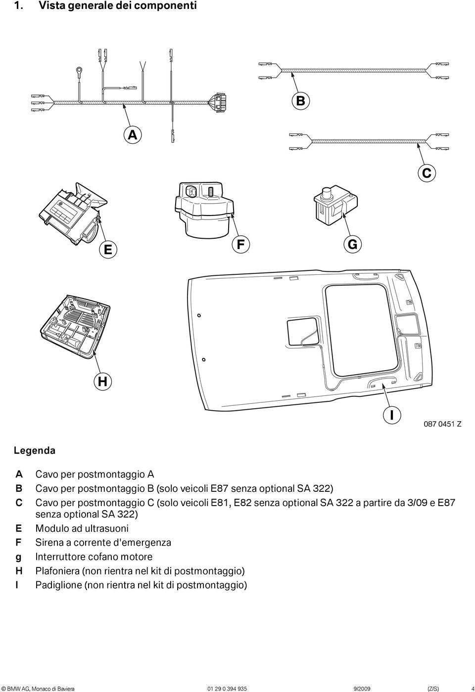 3/09 e E87 senza optional SA 322) Modulo ad ultrasuoni Sirena a corrente d'emergenza Interruttore cofano motore Plafoniera (non