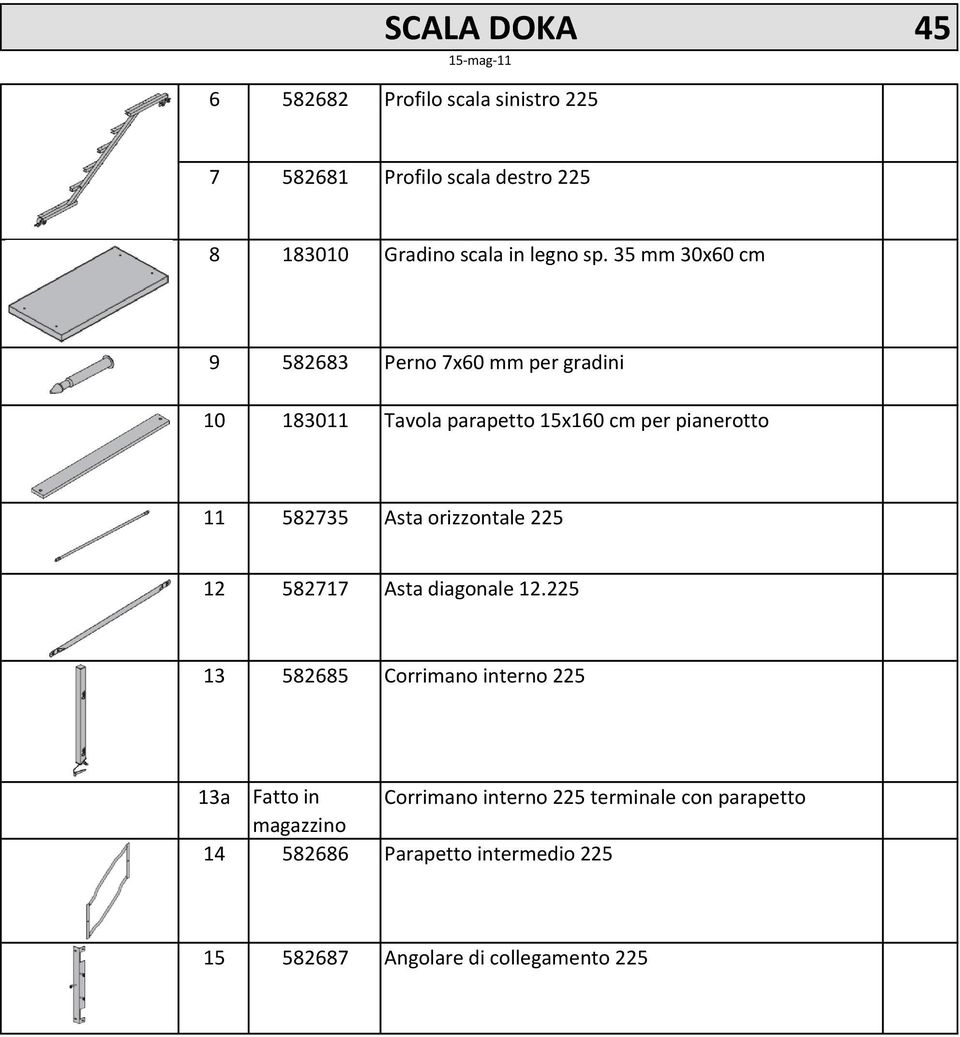 35 mm 30x60 cm 9 582683 Perno 7x60 mm per gradini 10 183011 Tavola parapetto 15x160 cm per pianerotto 11 582735 Asta