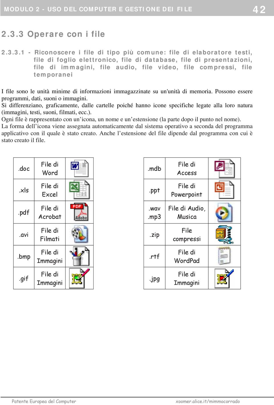 file video, file compressi, file temporanei I file sono le unità minime di informazioni immagazzinate su un'unità di memoria. Possono essere programmi, dati, suoni o immagini.