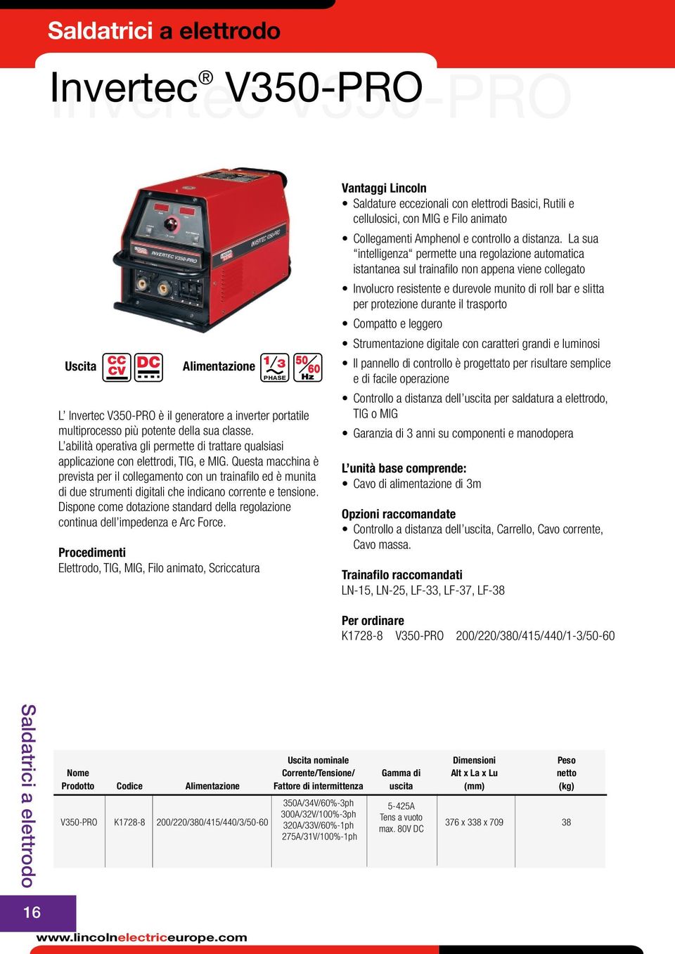 Questa macchina è prevista per il collegamento con un trainafilo ed è munita di due strumenti digitali che indicano corrente e tensione.