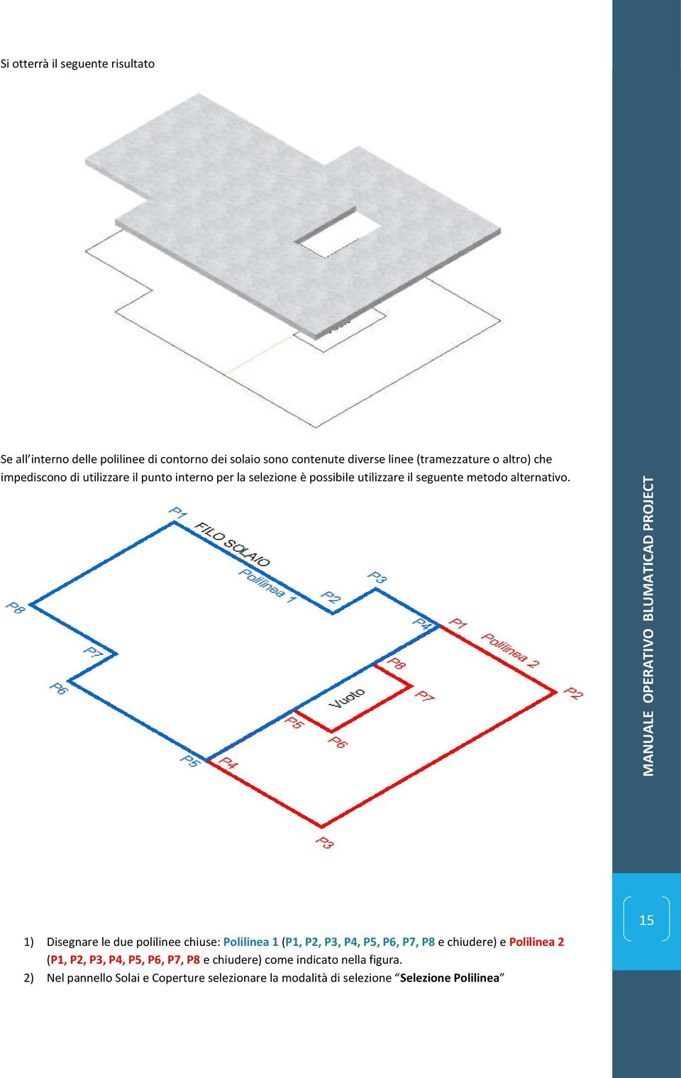 1) Disegnare le due polilinee chiuse: Polilinea 1 (P1, P2, P3, P4, P5, P6, P7, P8 e chiudere) e Polilinea 2 (P1, P2, P3, P4, P5, P6,