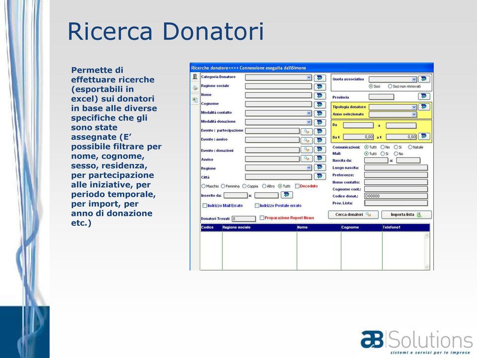 possibile filtrare per nome, cognome, sesso, residenza, per partecipazione