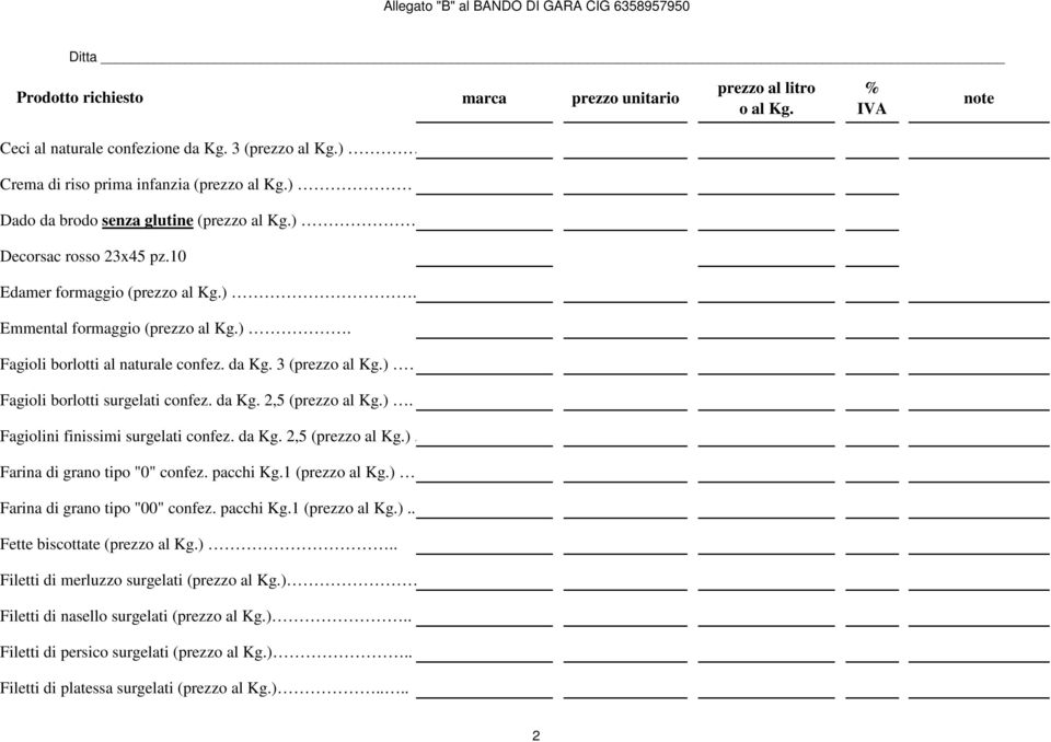 Fagiolini finissimi surgelati confez. da Kg. 2,5 (prezz).. Farina di grano tipo "0" confez. pacchi Kg.1 (prezz) Farina di grano tipo "00" confez. pacchi Kg.1 (prezz).. Fette biscottate (prezz).