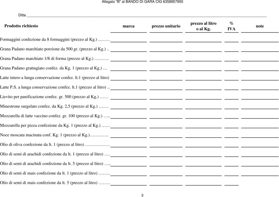 da Kg. 2,5 (prezz). Mozzarella di latte vaccino confez. gr. 100 (prezz).. Mozzarella per pizza confezione da Kg. 1 (prezz) Noce moscata macinata conf. Kg. 1 (prezz). Olio di oliva confezione da lt.