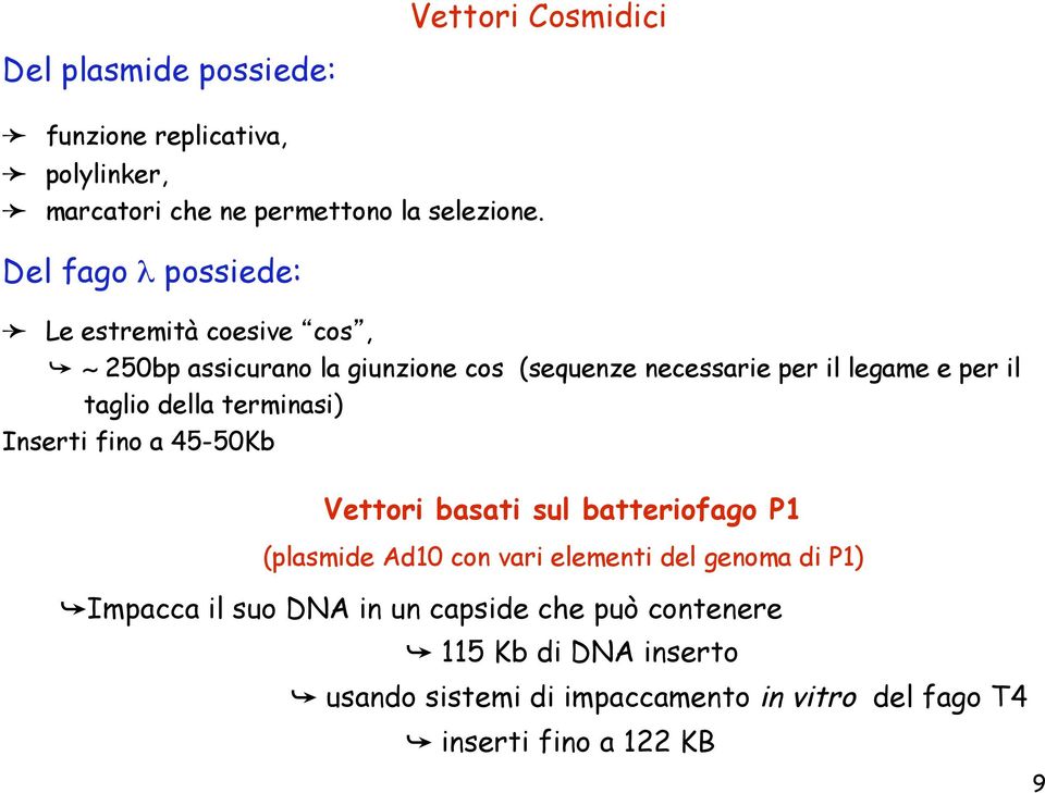 taglio della terminasi) Inserti fino a 45-50Kb Vettori basati sul batteriofago P1 (plasmide Ad10 con vari elementi del genoma di