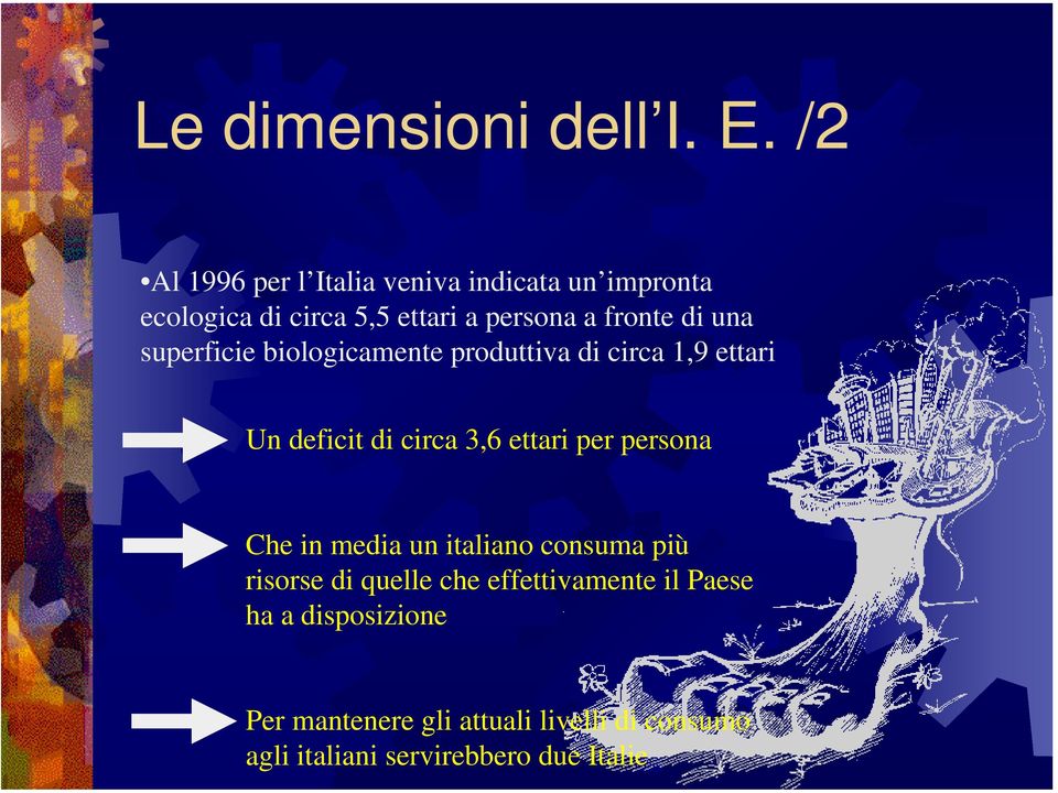 una superficie biologicamente produttiva di circa 1,9 ettari Un deficit di circa 3,6 ettari per persona