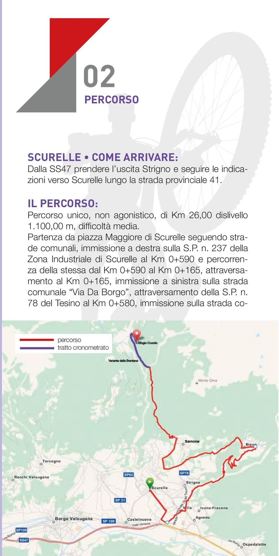 Partenza da piazza Maggiore di Scurelle seguendo strade comunali, immissione a destra sulla S.P. n.