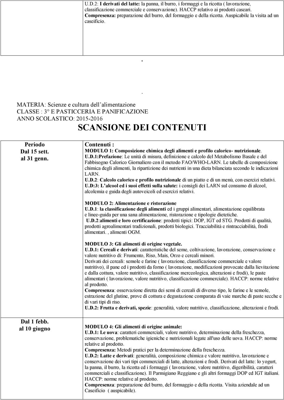 . MATERIA: Scienze e cultura dell alimentazione CLASSE : 3 E PASTICCERIA E PANIFICAZIONE ANNO SCOLASTICO: 2015-2016 SCANSIONE DEI CONTENUTI. Periodo Dal 15 sett. al 31 genn.