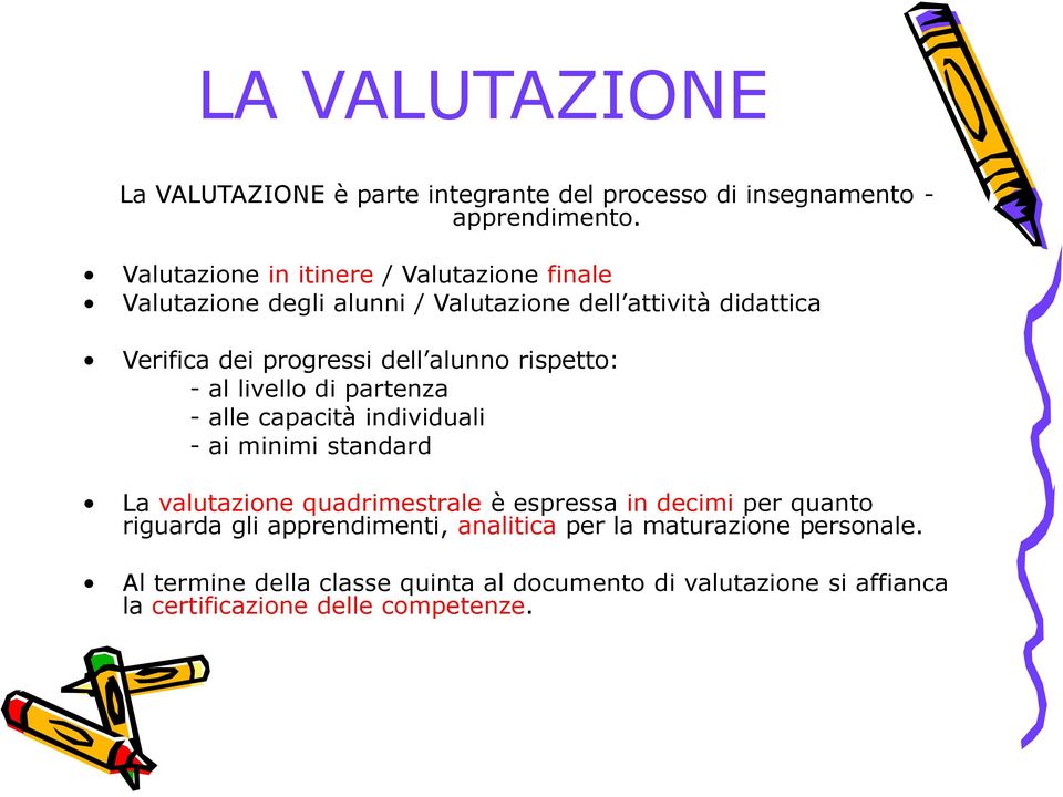 alunno rispetto: - al livello di partenza - alle capacità individuali - ai minimi standard La valutazione quadrimestrale è espressa in