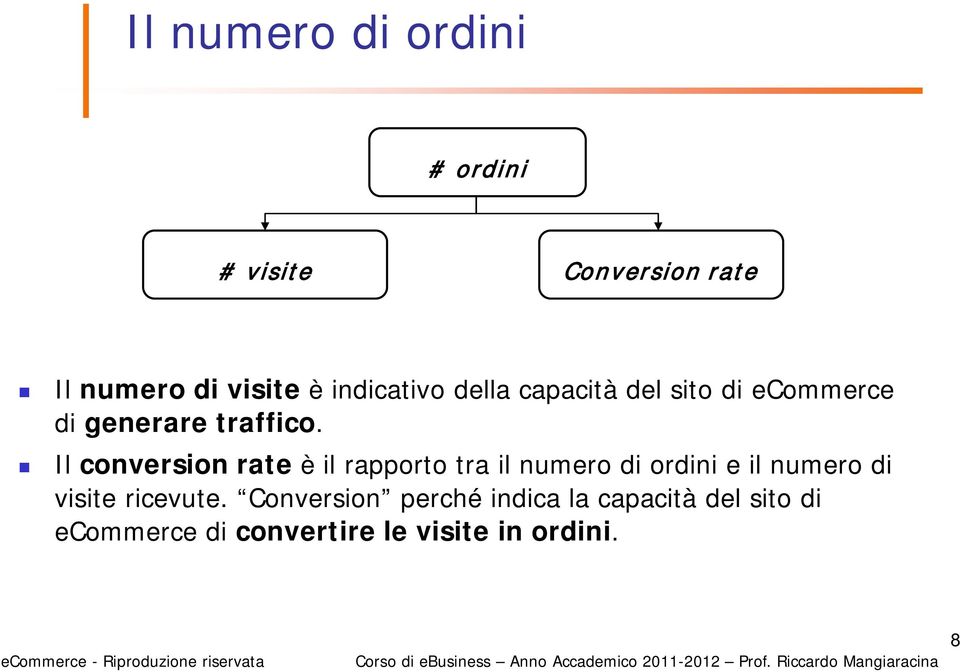 Il conversion rate è il rapporto tra il numero di ordini e il numero di visite