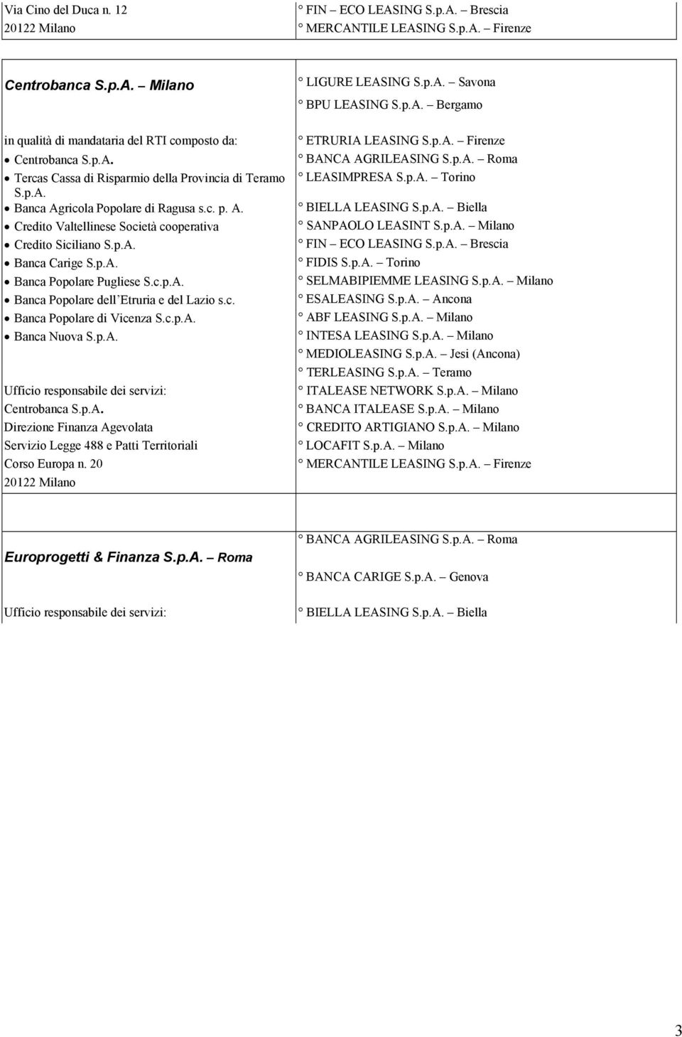 c.p.A. Banca Nuova S.p.A. Centrobanca S.p.A. Direzione Finanza Agevolata Servizio Legge 488 e Patti Territoriali Corso Europa n. 20 20122 Milano LIGURE LEASING S.p.A. Savona BPU LEASING S.p.A. Bergamo ETRURIA LEASING S.