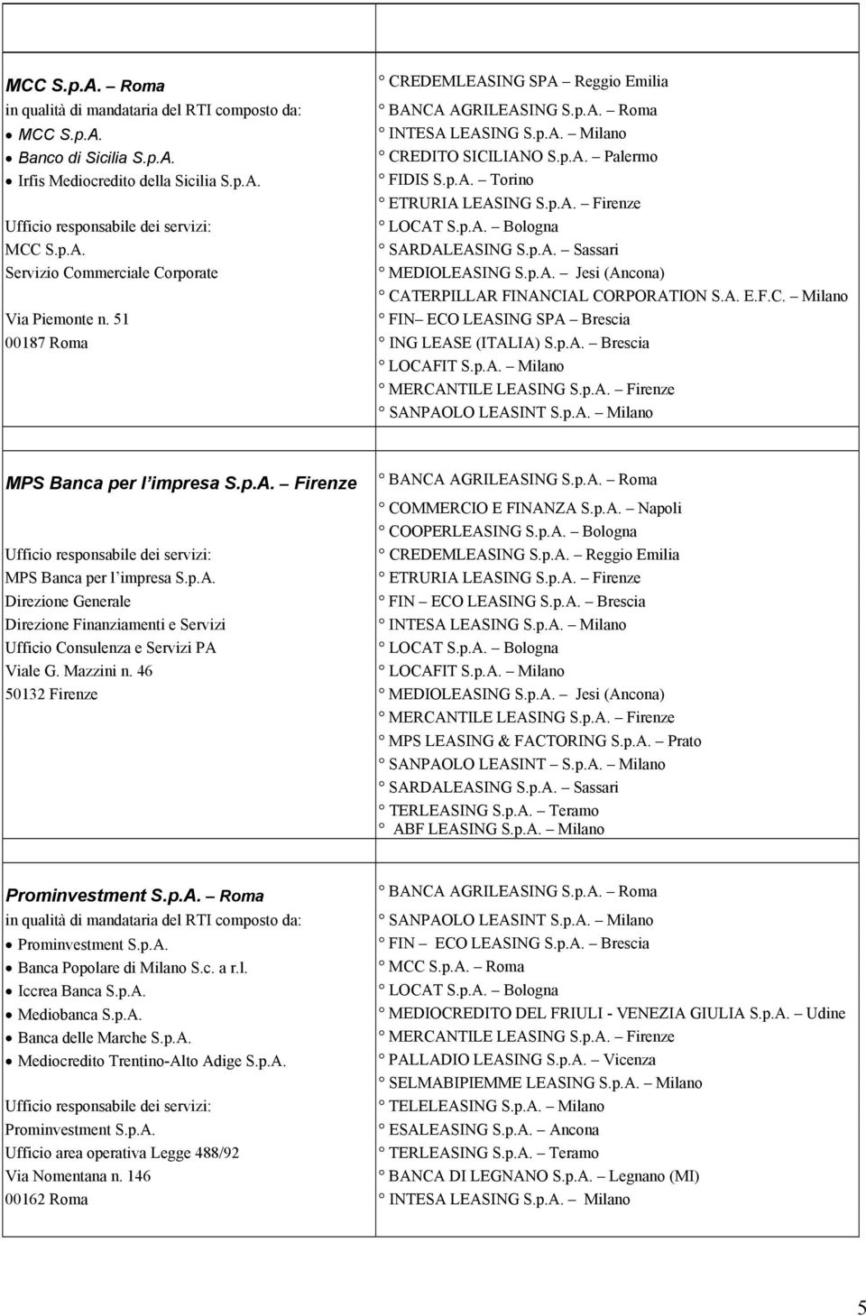 p.A. Brescia MPS Banca per l impresa S.p.A. Firenze COMMERCIO E FINANZA S.p.A. Napoli COOPERLEASING S.p.A. Bologna CREDEMLEASING S.p.A. Reggio Emilia MPS Banca per l impresa S.p.A. ETRURIA LEASING S.