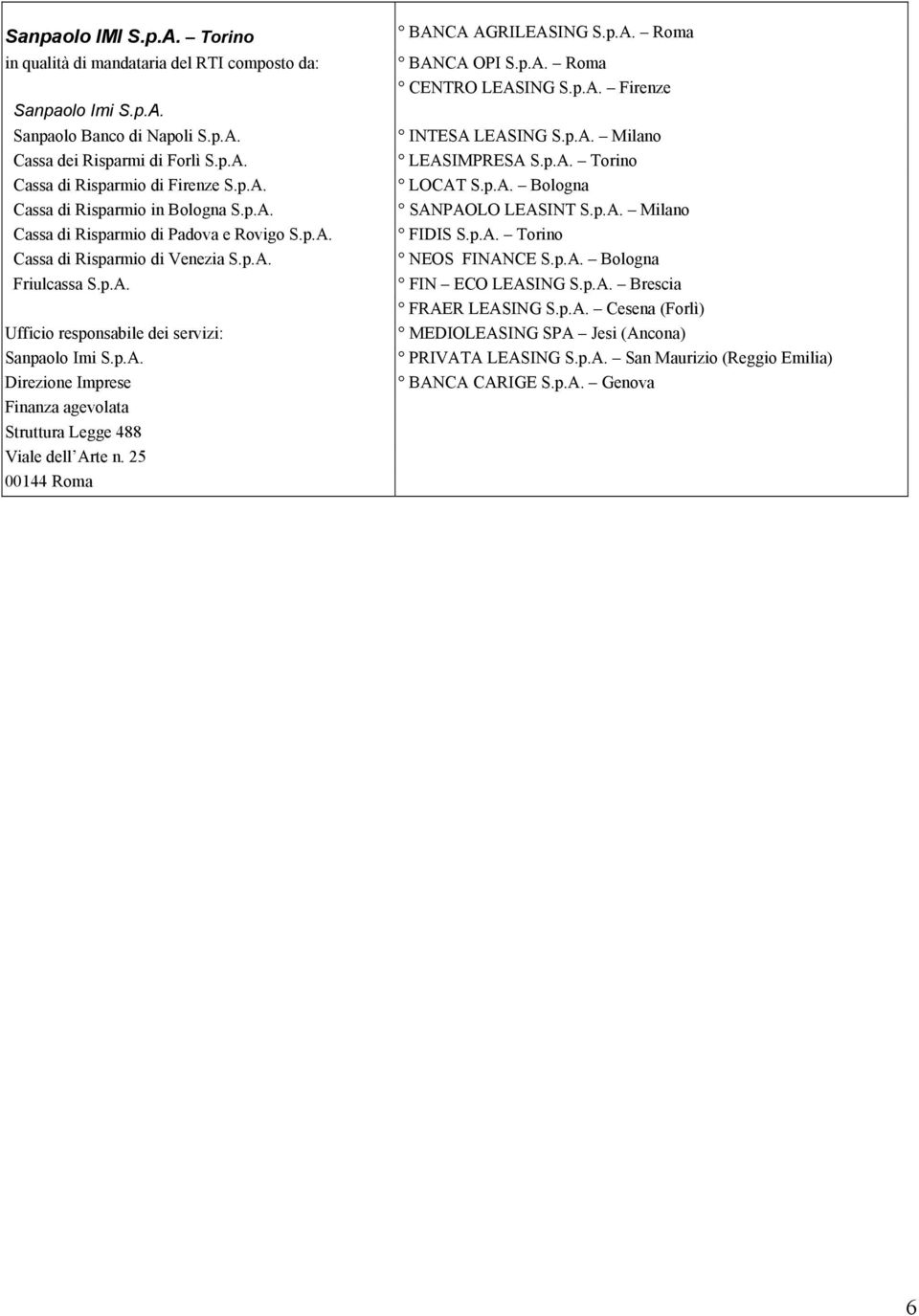 25 00144 Roma BANCA OPI S.p.A. Roma CENTRO LEASING S.p.A. Firenze LEASIMPRESA S.p.A. Torino NEOS FINANCE S.p.A. Bologna FRAER LEASING S.p.A. Cesena (Forlì) MEDIOLEASING SPA Jesi (Ancona) PRIVATA LEASING S.
