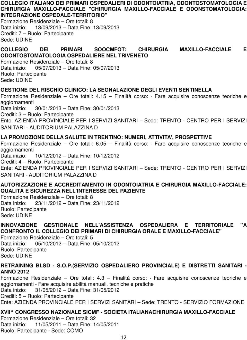 Fine: 05/07/2013 Sede: UDINE GESTIONE DEL RISCHIO CLINICO: LA SEGNALAZIONE DEGLI EVENTI SENTINELLA Formazione Residenziale Ore totali: 4.