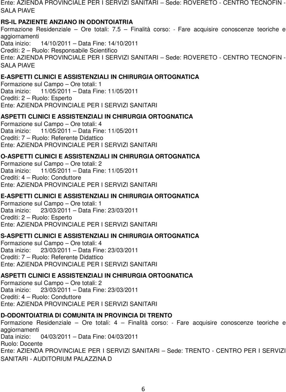 E-ASPETTI CLINICI E ASSISTENZIALI IN CHIRURGIA ORTOGNATICA Formazione sul Campo Ore totali: 1 Data inizio: 11/05/2011 Data Fine: 11/05/2011 Crediti: 2 Ruolo: Esperto ASPETTI CLINICI E ASSISTENZIALI