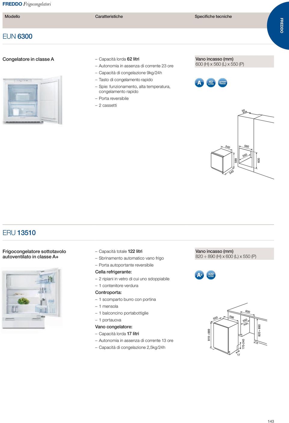 (P) ERU 13510 Frigocongelatore sottotavolo autoventilato in classe A+ Capacità totale 122 litri Porta autoportante reversibile 2 ripiani in vetro di cui uno