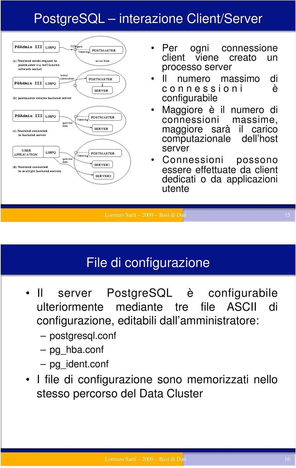 Lorenzo Sarti 2009 Basi di Dati 15 File di configurazione Il server PostgreSQL è configurabile ulteriormente mediante tre file ASCII di configurazione, editabili dall