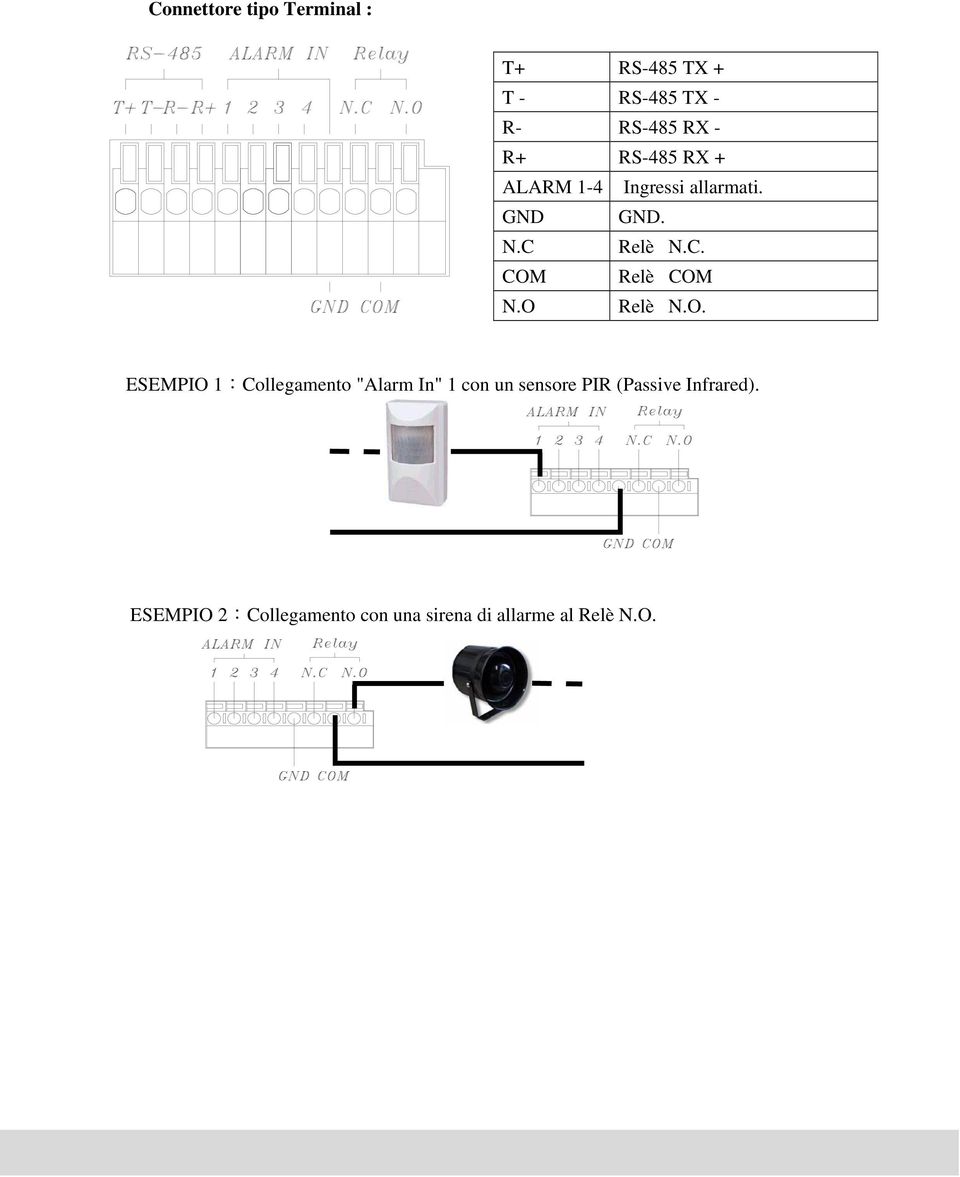 O Relè N.O. ESEMPIO 1:Collegamento "Alarm In" 1 con un sensore PIR (Passive Infrared).