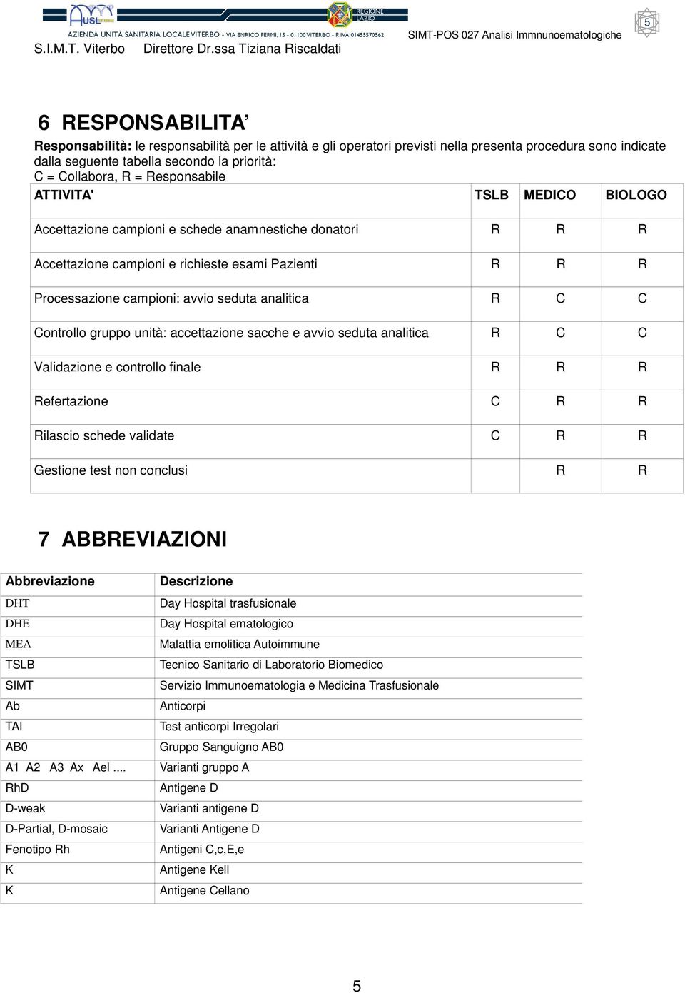 analitica R C C Controllo gruppo unità: accettazione sacche e avvio seduta analitica R C C Validazione e controllo finale R R R Refertazione C R R Rilascio schede validate C R R Gestione test non