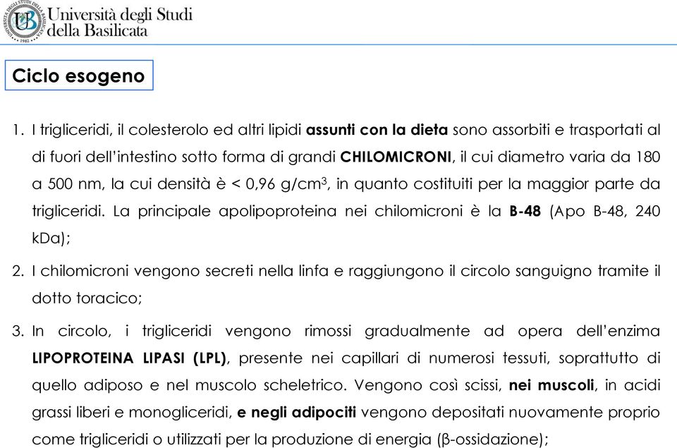 la cui densità è < 0,96 g/cm 3, in quanto costituiti per la maggior parte da trigliceridi. La principale apolipoproteina nei chilomicroni è la B-48 (Apo B-48, 240 kda); 2.