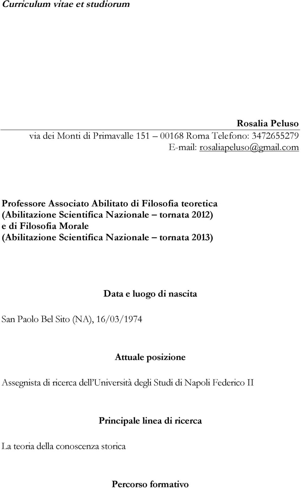 (Abilitazione Scientifica Nazionale tornata 2013) San Paolo Bel Sito (NA), 16/03/1974 Data e luogo di nascita Attuale posizione