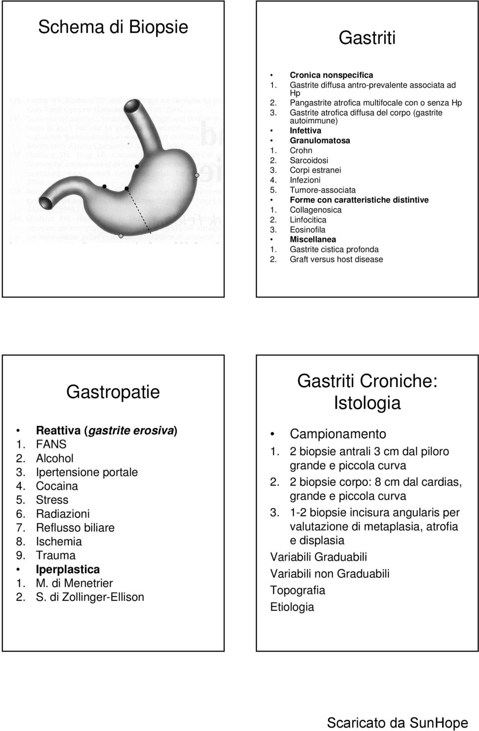 Collagenosica 2. Linfocitica 3. Eosinofila Miscellanea 1. Gastrite cistica profonda 2. Graft versus host disease Gastropatie Reattiva (gastrite erosiva) 1. FANS 2. Alcohol 3. Ipertensione portale 4.