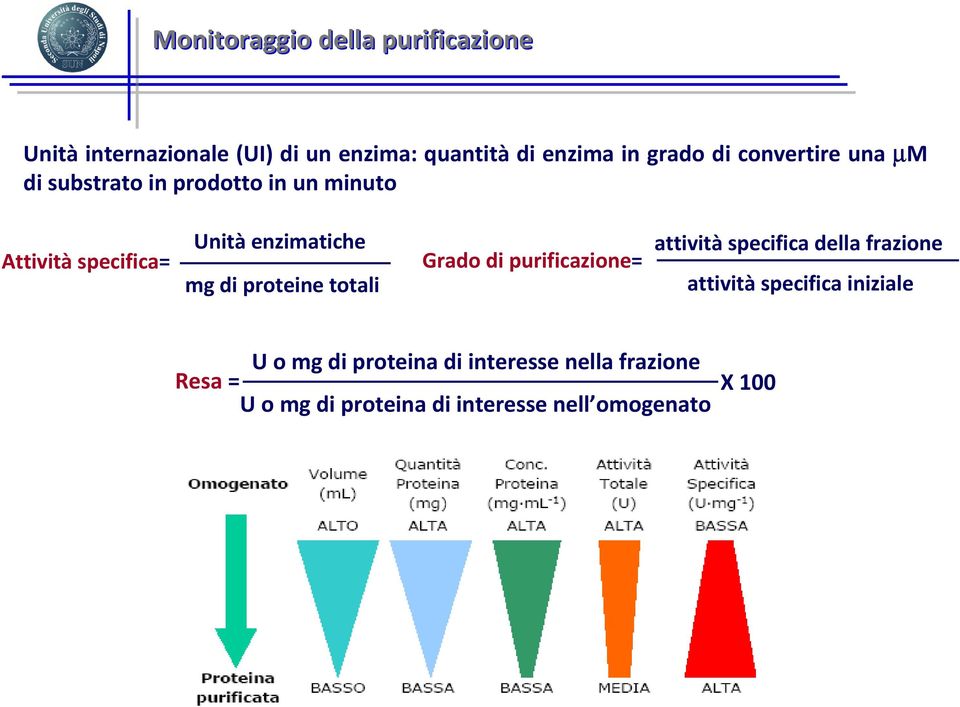 proteine totali Grado di purificazione= attivitàspecifica della frazione attività specifica iniziale U