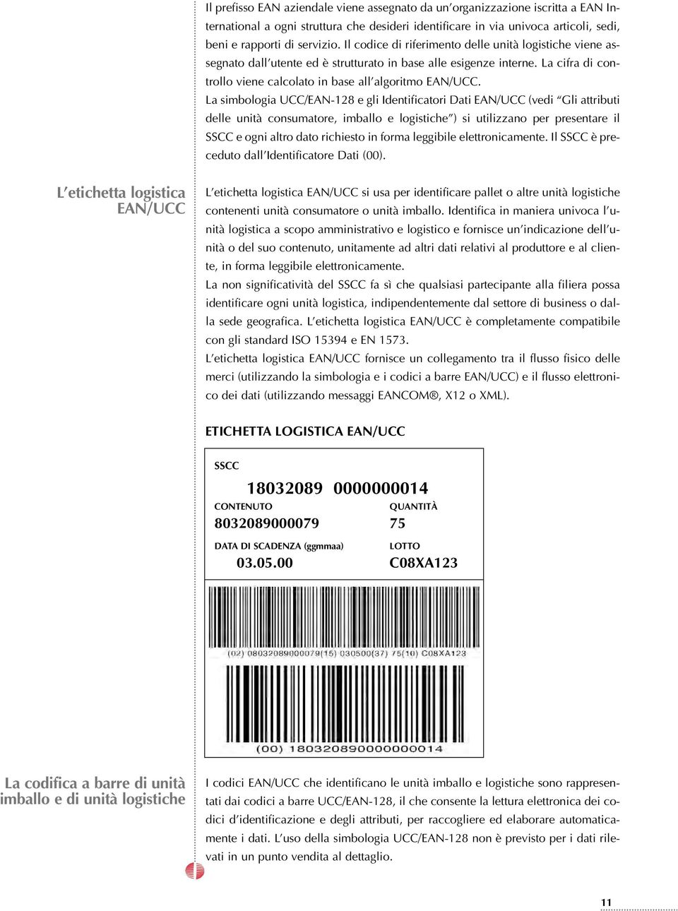 La simbologia UCC/EAN-128 e gli Identificatori Dati EAN/UCC (vedi Gli attributi delle unità consumatore, imballo e logistiche ) si utilizzano per presentare il SSCC e ogni altro dato richiesto in