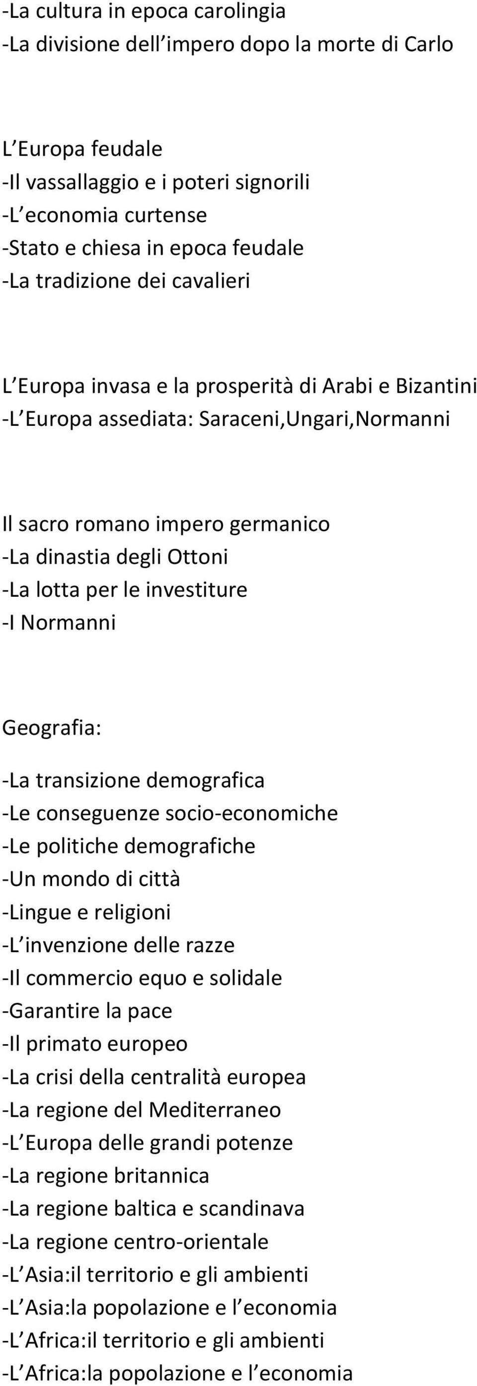 investiture -I Normanni Geografia: -La transizione demografica -Le conseguenze socio-economiche -Le politiche demografiche -Un mondo di città -Lingue e religioni -L invenzione delle razze -Il